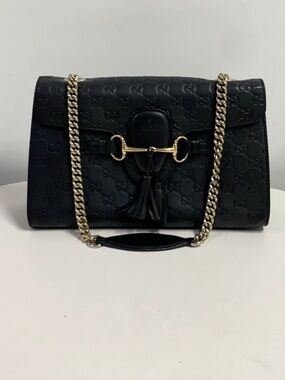 Gucci Black Embossed Leather Shoulder Bag with Gold Chain
